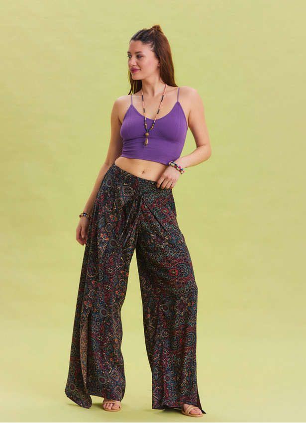 Indigo Bohemian Trousers with Elastic Waist and Tie Detail 4472